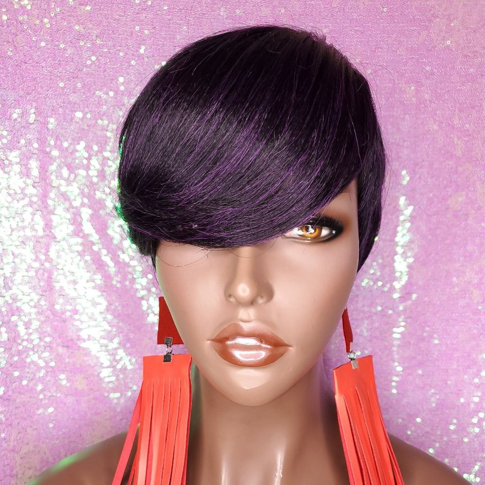 Purple Hair Pixie Short Cut Swoop Bang Style Hair Wig Wig for Women